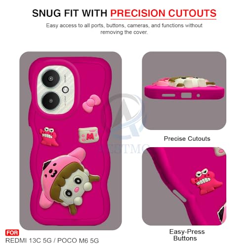 Image of AESTMO Back Case Cover for Redmi 13C 5G / Poco M6 5G | 3D Cute Fun Cartoon Characters | Anti Slip Grip Cute Wave Curly Frame Shape | Back Cover for Redmi 13C 5G / Poco M6 5G | (Pink)