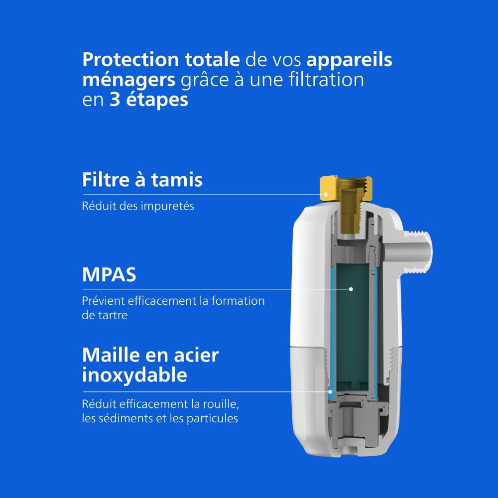 Inhibiteur de calcaire Philips Water, filtration en 3 étapes, capacité de filtration de 27 000 litres, protège votre lave-linge, votre lave-vaisselle et votre chauffe-eau