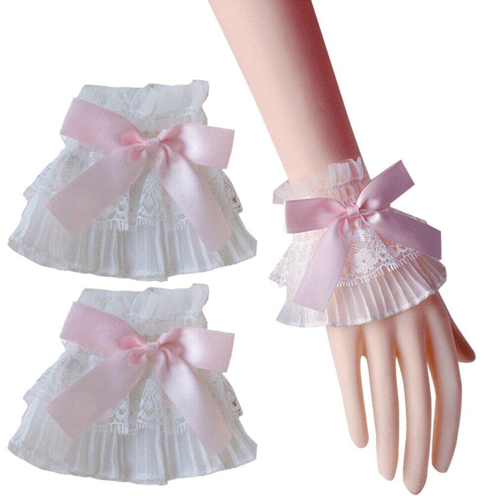 Dinntty Women's Pink Lolita Wrist Cuffs Ruffle Lace Wrist Cuffs Detachable Fake Sleeves Cuff Costume Accessory For Girls