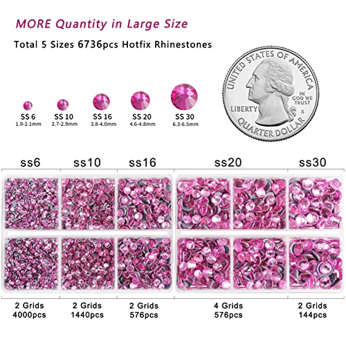 Image of BEADSLAND 6736pcs Hotfix Rhinestones Flatback,Pink Rhinestones for Crafts Clothes Mixed 5 Sizes, Hotfix Crystals with Tweezers and Wax Pencil Kit, SS6-SS30,Dark Pink