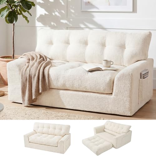 Image of MONVANE 55.5 inch Convertible Loveseat Sofa, Comfy Chenille Cloud Couch with Storage Pocket, Modern Deep Seat Boneless Couch, 2 Seater Sofa for Living Room, No Assembly Required, Beige