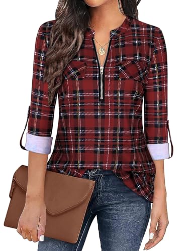 Tanst Sky Womens Casual Long Sleeve Zipped V Neck Plaid Tunic Blouses4