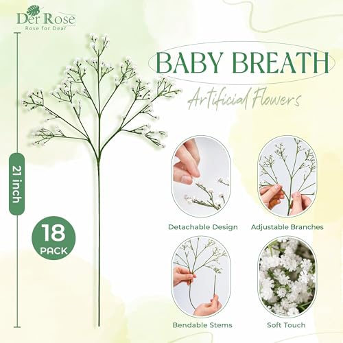 Der Rose 18Pcs Babys Breath Artificial Flowers Faux Gypsophila Stems, Real Touch Silk Fake White Babys Breath Flowers Artificial Bulk for DIY Wedding Table Centerpieces Home Party  image 4