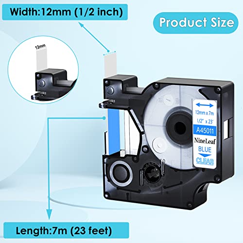 Nineleaf 2 Pack Compatible For Dymo D1 45011 S0720510 Blue On Clear 12Mm 1/2'' X 23Ft Label Tape Refill Work In Dymo Labelmanager 160 210D 260P 280 360D 420P 450D Wireless Pnp 500Ts 450 Label Maker #TOP1