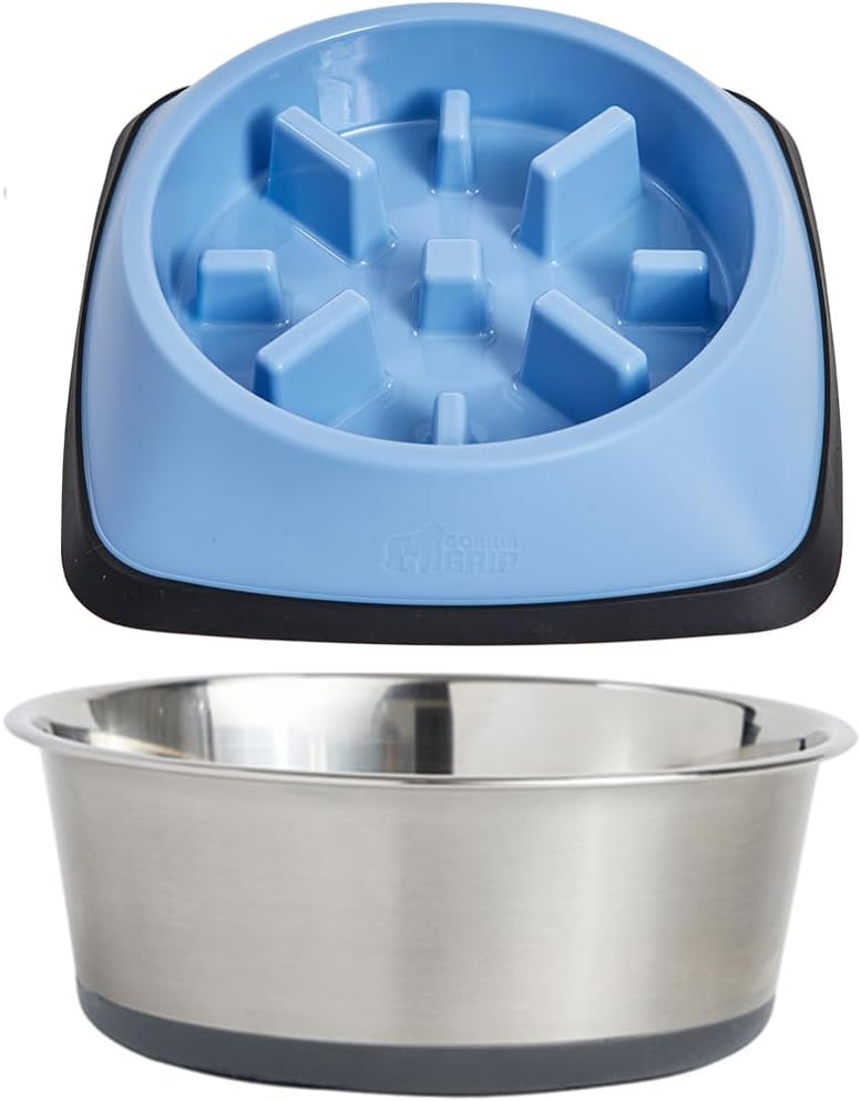 GORILLA GRIP Slow Feeder Dog Bowl, 2 Cup Light Blue and Stainless Steel Dog Bowl, 4 Cup Gray, 2 Item Bundle