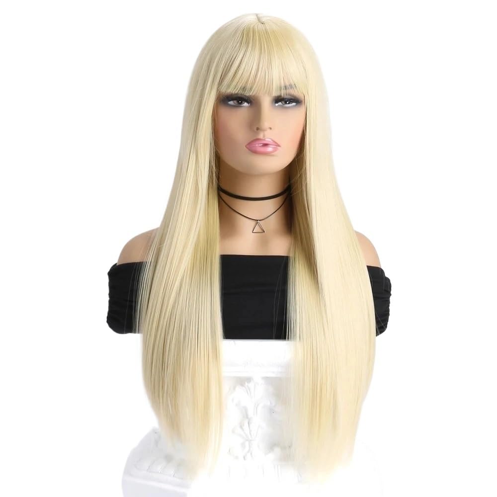 xiuling4568 26 Inch Long Straight Wig with Bangs for Women,Synthetic Wig for Daily Use Hairs Extensions(Blonde)