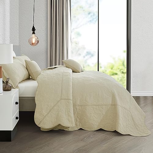 Image of Oversized Alaskan King Bedspread 138x122 Extra Wide, Stitched Paisley Cotton Quilt Set, Lightweight Reversible Coverlet, Scalloped Edge - Warm Natural Look, 5 Piece, Khaki