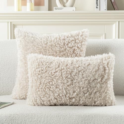 FUTEI Beige Decorative Throw Pillow Covers 20x20 Inch Set of 2,Soft Fluffy Faux Wool Fur Boucle Textured Cushion Case,Modern Home Decor for Couch Bed Living Room Office