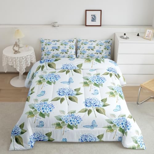 Blue Hydrangea Full Bedding Sets Chic Flower Comforter Set, Cute Butterfly Duvet Insert Green Leaves Down Comforter, Spring Floral Bedding Comforter Sets Girls Bedroom Decor with 2 Pillowcase
