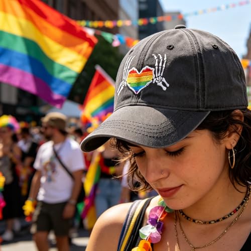 Image of Gay Pride Baseball Hat for Men and Women, LGBT Rainbow Embroidered Trucker Hats Adjustable Washable LGBTQ Baseball Cap Gifts