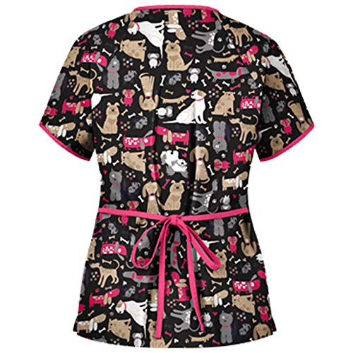 Nurse Tops for Women, Womens Short Sleeve V-Neck Tops Animal Print with Pockets Lacing Custom Working Uniform Blouse Black - Thumbnail 2