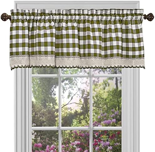 Buffalo Check Valance Window Curtains - 58 Inch Width, 14 Inch Length - Sage Green & Ivory White Plaid - Light Filtering Farmhouse Country Drapes for Bedroom Living & Dining Room by Achim Home Decor