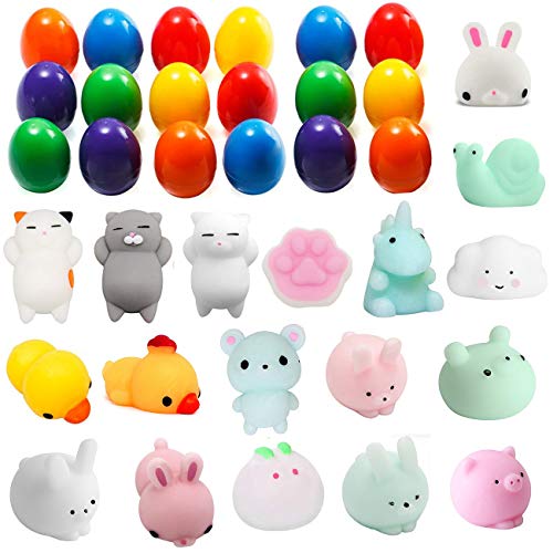 Easter Eggs Filled Mochi Squishys Toys, 18PCS Plastic Easter Eggs with Cute Kawaii Squishies Animals Stress Relief Toys for Kids Soft Squeeze Reliever Anxiety Toys Easter Gifts Easter Basket Stuffers