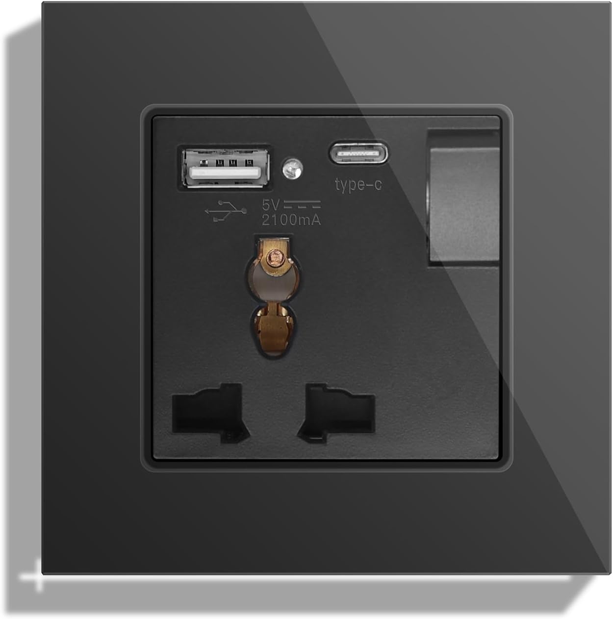 BSEED - Universal Single Switching Wall Plug with USB C and USB A - 1-Gang Black Multifunctional Wall Outlet with Glass Panel Applicable for 180+ Countries