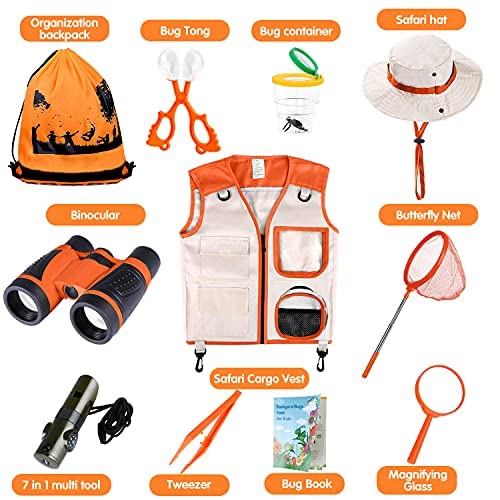 INNOCHEER-Explorer-Kit-Bug-Catcher-Kit-for-Kids-Outdoor-Exploration-with-Vest-Binocular-Magnifying-Glass-Hand-Crank-Flashlight-Whistle-Bug-Collector-Bag-for-Boys-Girls-iEOrangeiaE