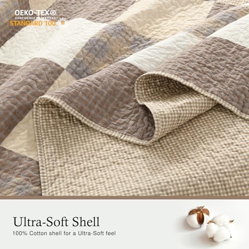 Image of 100% Cotton Oversized King Bedspread 120x120, Brown Cream Plaid | Extra-Wide Coverage, Reversible 3-Piece Bedding Set, Fits Thick Mattresses, Lightweight All-Season Comfort, Modern Farmhouse