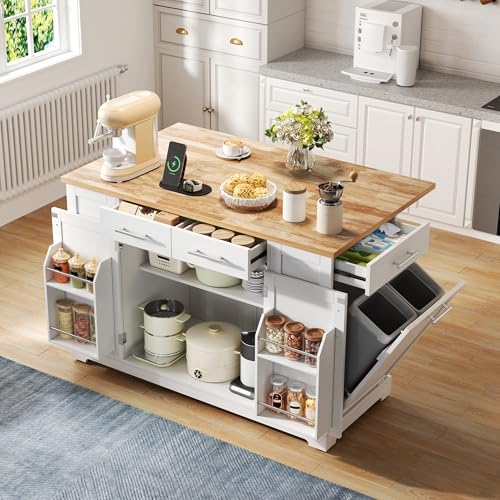 HMHKHN Isla de cocina móvil, carrito de cocina, mesa de comedor extensible, armario de cocina con placa abatible, enchufe europeo, estantes ajustables y espacio de basura extraíble, 138 × 86 × 92 cm