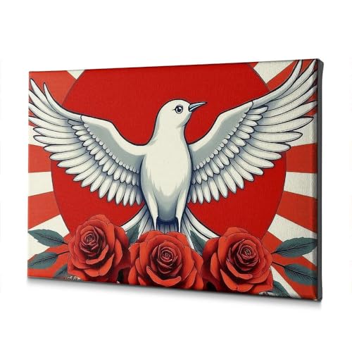 Tableau colombe blanche et roses 30x40 cm pour décoration de chambre