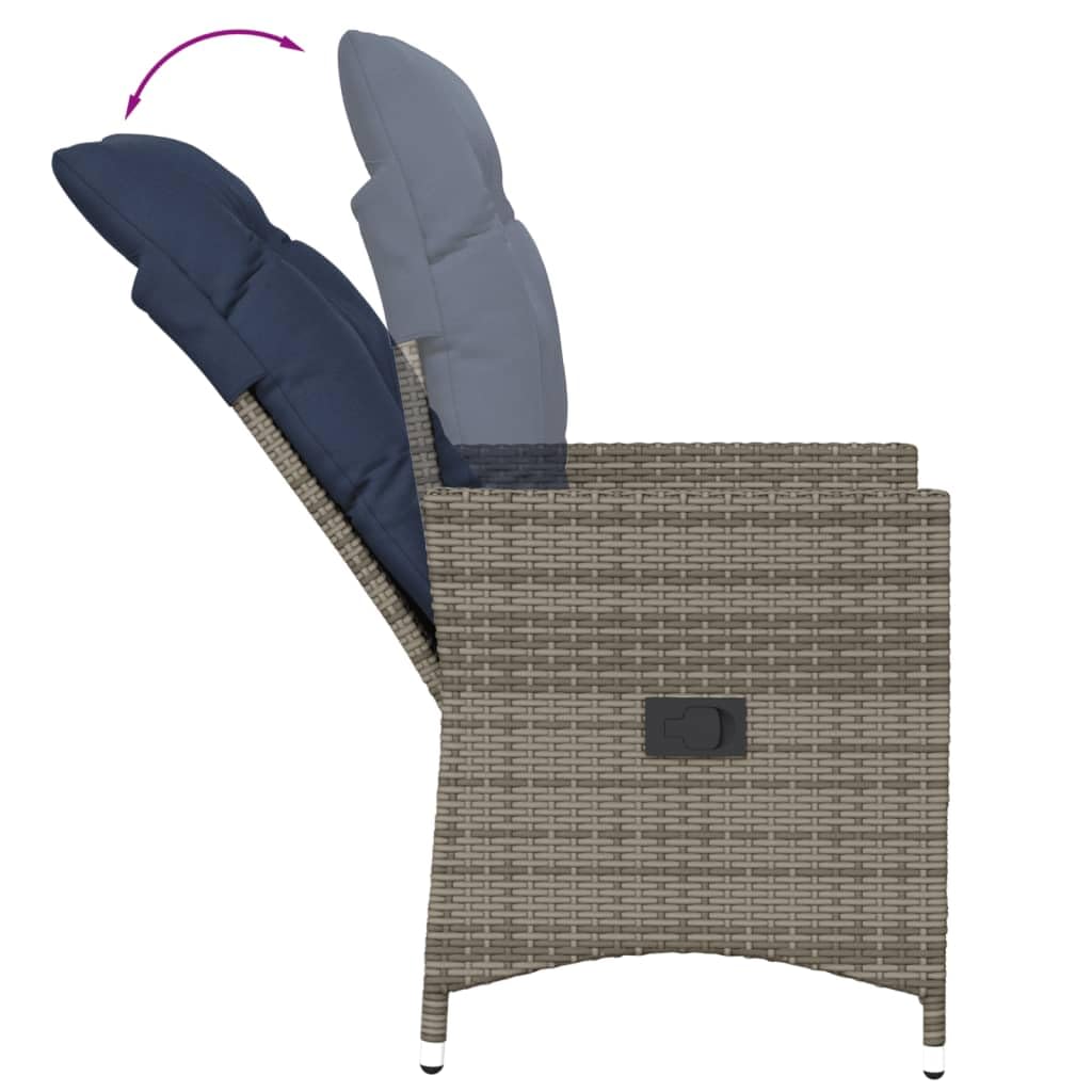 Set da Bistrot 3 pz in Rattan PE Grigio con Sedie Reclinabili | Arredo pieghevole e reclinabile con tavolino coordinato, ideale per momenti di relax in giardino, balcone e terrazzo.