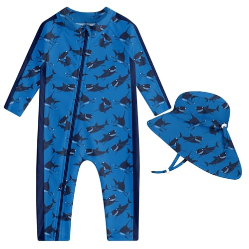 Image of UNIFACO Baby Boy Swimsuit UPF 50+ Sun Protection One Piece Zip Bathing Suit with Sun Hat Infant Sunsuit Swimwear