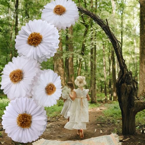 Image of Chunful 5 Pcs 30'' 24'' Gaint Daisy Tissue Paper Flowers Decor White Wonderland Large Hanging White Tissue Paper Pom Poms Decor for Wonderland Daisy Birthday Bachelorette Wedding Baby Shower Party
