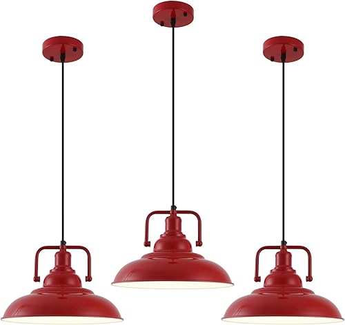 Paquete de 3 luces colgantes rojas de granja, luces colgantes de metal para isla de cocina, lámpara colgante industrial, luz colgante de isla