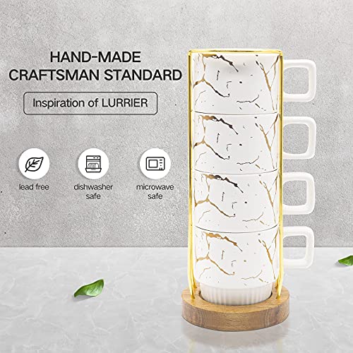 Lurrier Porcelain Large Stackable Coffee Mug Set With Rack And Wooden Base,Marble Pattern Hand-Crafted Coffee Cup Set,11Oz For Coffee, Cappuccino, Milk, Cocoa,Set Of 4 (Elegant White) #TOP2