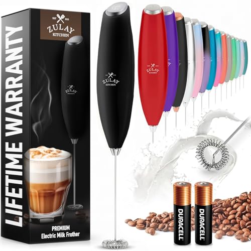 Zulay Kitchen Milk Frother Handheld Electric Whisk – Frother Wand with 2 Duracell Batteries, Durable Drink Mixer, Coffee Frother, Hand Blender, Frother for Protein Powder, Matcha & More - Black