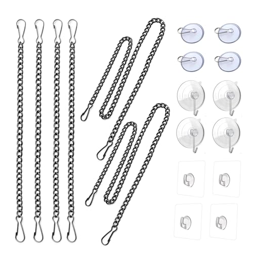Image of Stained Glass Window Hanging Chain Kit with Suction Cup Hooks, Black Picture Hanging Chain Sunshine Catcher Metal Nickel Plating Stained Glass Window Panels 10 Inch and 20 Inch