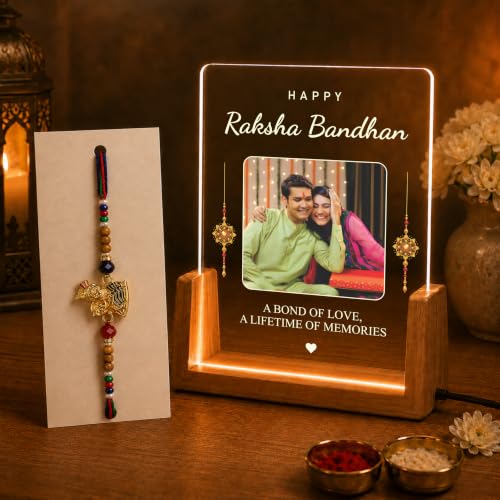 Image of Giftplease Personalized Raksha Bandhan LED Acrylic Photo Frame with Rakhi, Roli Chawal & Greeting Card, USB Wooden Base Night Lamp, Brother Sister Keepsake, Memory Display, Festival Home Decor