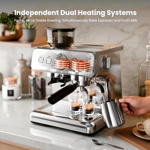 Image of Kismile Dual Boiler Espresso Machine with Grinder, 20 Bar Expresso Coffee Machines with Milk Frother, Expresso Machines for Home, Removable Water Tank, Perfect for Cappuccino, Latte