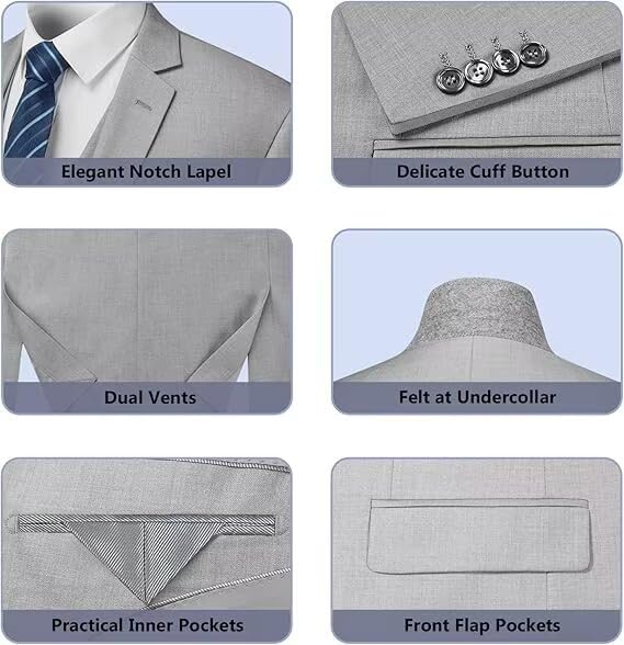 Mens Tuxedo Suit Set 3 Pieces Suits for Men Regular Men's Costume One Button Blazer Vest Pants 7