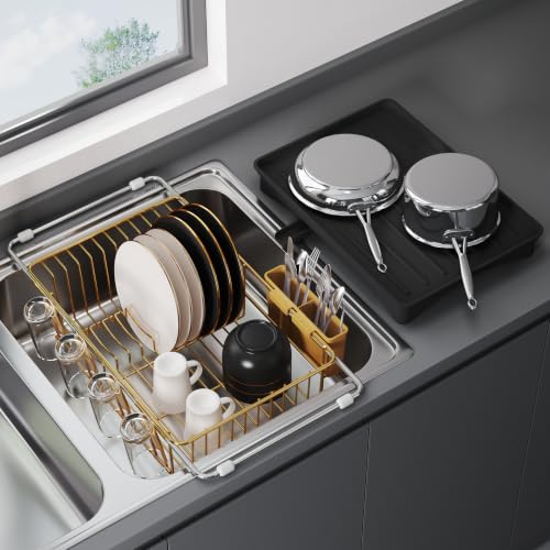 Image of JASIWAY Gold Dish Drying Rack in Sink with Drainboard and Utensil Holder