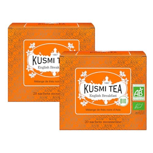 Kusmi Tea - English Breakfast Bio - Lot de 2 boîtes - Thé Noir Biologique - Mélange de Thés Noirs d'Asie - Ceylan et Assam - Thé Caféiné - 2x20 Sachets