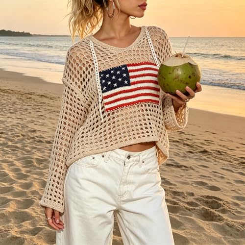 Image of Women's American Flag Crochet Sweater Long Sleeve Hollow Out Lightweight Knit Hoodie 2026 Summer Beach Cover Up Tops