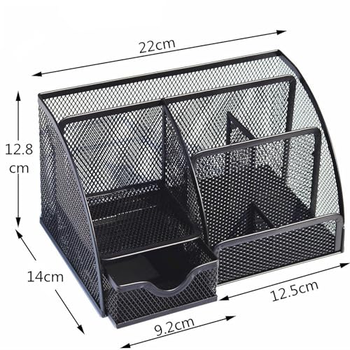 Organiseur de bureau avec tiroir et compartiments en métal noir pour fournitures