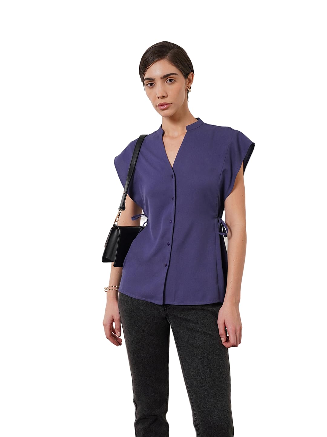 fablestreet Women Shirt Casual & Workwear | Comfortable Fit Band Collar Short Cap Sleeve Solid Pattern | Side Tie Detail Smooth Woven Fabric Office Meetings-picture-10