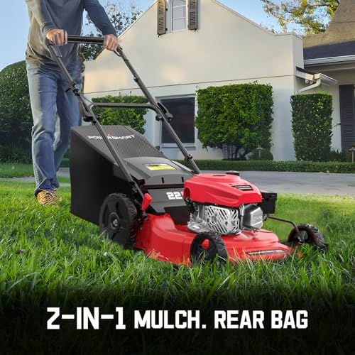 Image of PowerSmart Self Propelled Gas Lawn Mower, 22 in. with 170cc OHV Engine, 2-in-1 Rear-Wheel Drive High Wheels, Red