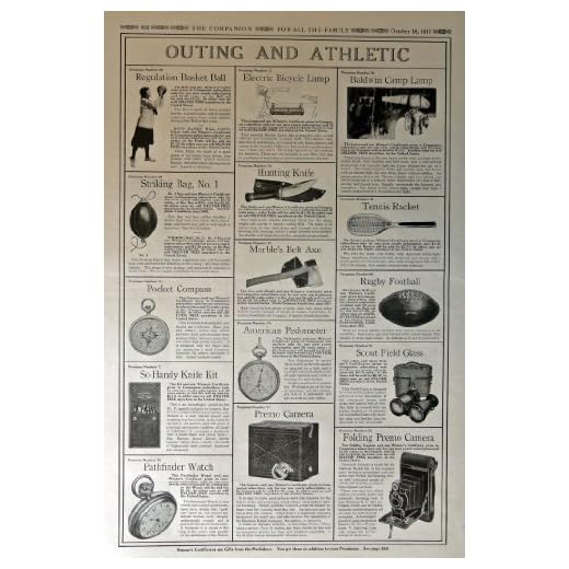 Electric Bicycle Lamp,Rubby Football,scout field glass, folding premo camera,american pedometer,marble's belt axe,tennis racket, 1917 Full Page B&W [ads]Illustrations, 11" x 16" Print Ad. (woman shoting basket ball,man with camp light on hat) Original Vintage, antique 1917 the Youth's Companion Magazine Print art ***store link [www.amazon.com/shops/ads-thru-time]