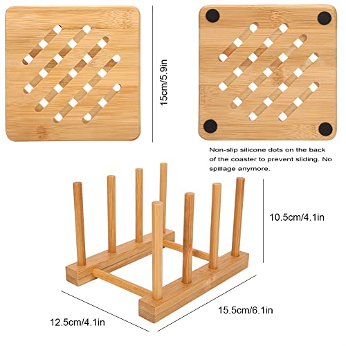 Porta-copos de bambu, conjunto de 3, porta-copos espessos com suporte, almofadas de isolamento térmi