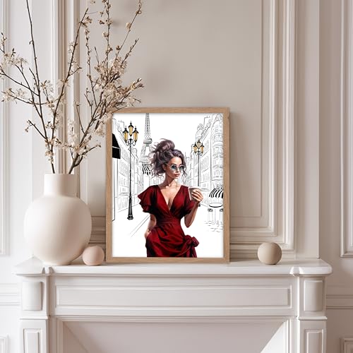Image of Poster Master Lady in Red Print - Fashion Poster - Paris Designer Art - Modern Wall Design - Chic Gift for Women & Fashionista - Glam Decor for Bedroom or Girl's Room - 8x10 Beige Framed
