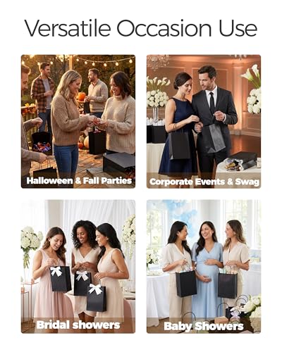Image of SUNCOLOR Black Gift Bags with Handles, 24-Pack, 8 inch Small | Kraft Paper, For Party Favors, For Halloween, For Weddings, For Special Events