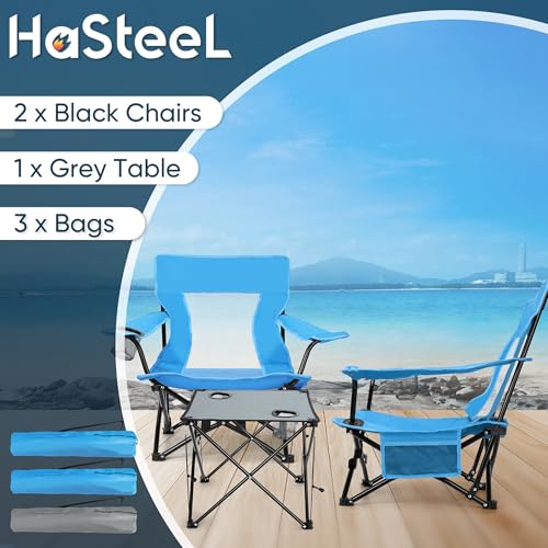 Image of HaSteeL Folding Beach Chair Set of 3, Foldable Blue Camping Chairs & Grey Table for Outside, Low Beach Chair Portable for Adults Fishing, Picnic, Outdoor BBQ, Travel, Sports, Cup Holder & Storage Bag