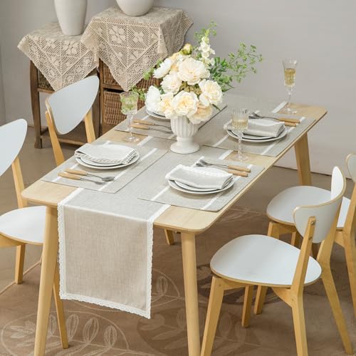 GLORY SEASON Lace Trim Linen-Look Textured Rustic Washable Table Runner Decorative Long Tablecloth Farmhouse Tea Table Runner Dresser Scarves for Kitchen Dining Room Coffee Table Beige,14x108 Inch by GLORY SEASON - Used condition - Image 4
