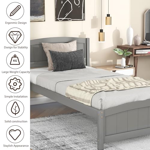 Klwenas Maec Wood Twin Size Platform Bed Frame with Headboard&Footboard for Kids,Twin Mattress Foundation Sleigh Bed with Wood Slat Support,No Box Spring Needed (Gray, Twin) - Thumbnail 6