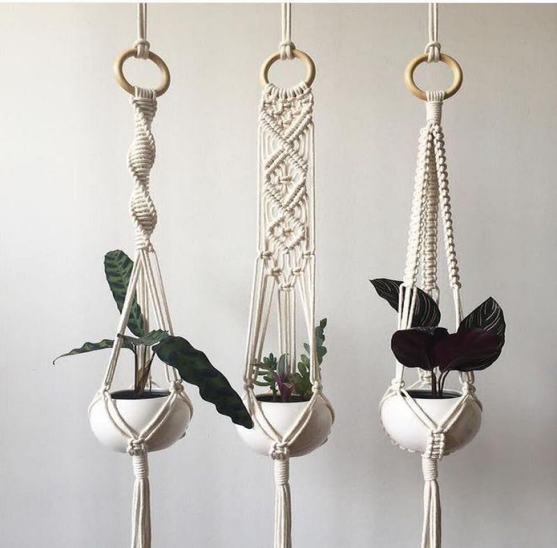 Wagon Brand | Boho Cotton Macrame Ceiling Plant Hanger Indoor Outdoor Hanging Planter Basket, Flower Pots Beautiful Design Suitable for Balcony, Dorm, Living Room, Off-White, Pack of 3, Style-31 (B0CHHCV3KW) Amazon Price History, Amazon Price Tracker