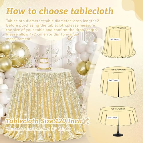 Image of B-COOL Round Sequin Tablecloth Draping Decorations: Light Gold Tablecloths Sequin Overlay Shimmer Fabric for Birthday Dinner Parties Graguation 120 Inch