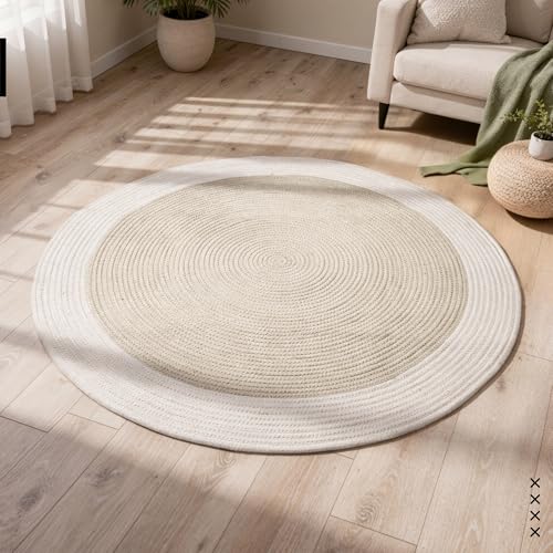 Image of Encasa XO Handmade Round Crochet Rug 2-Tone Circular Cotton Area Rug for Nursery, Bedroom & Living Room | Boho Modern Minimalist Floor Mat Natural Reversible Rugs | Beige & Off-White-1 (180 cm) | 6 Ft