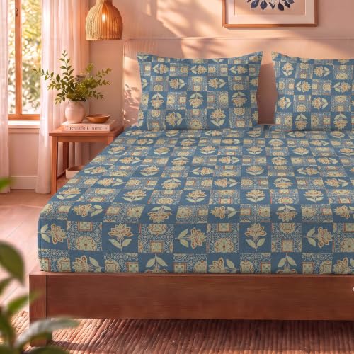 Image of Urban Space 144 TC Divine 100% Cotton Fitted Bedsheet for Double Bed with 2 Pillow Covers, Queen Bedsheet (Size 60 x 72 inches, Adaa Blue, Double Fitted)