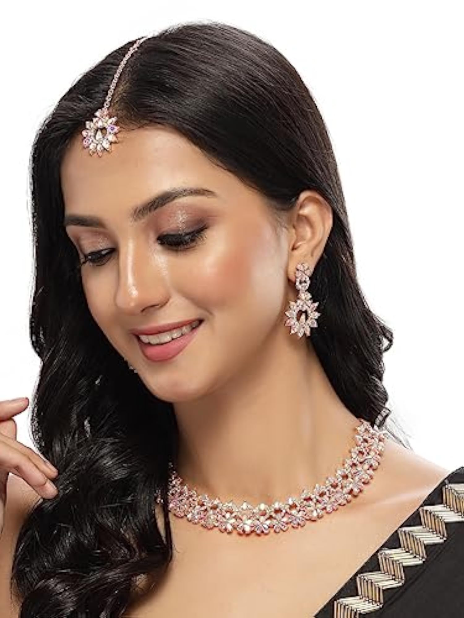 Plated Rainbow Stone Collar Bone Necklace Set With Earring And Maangtika